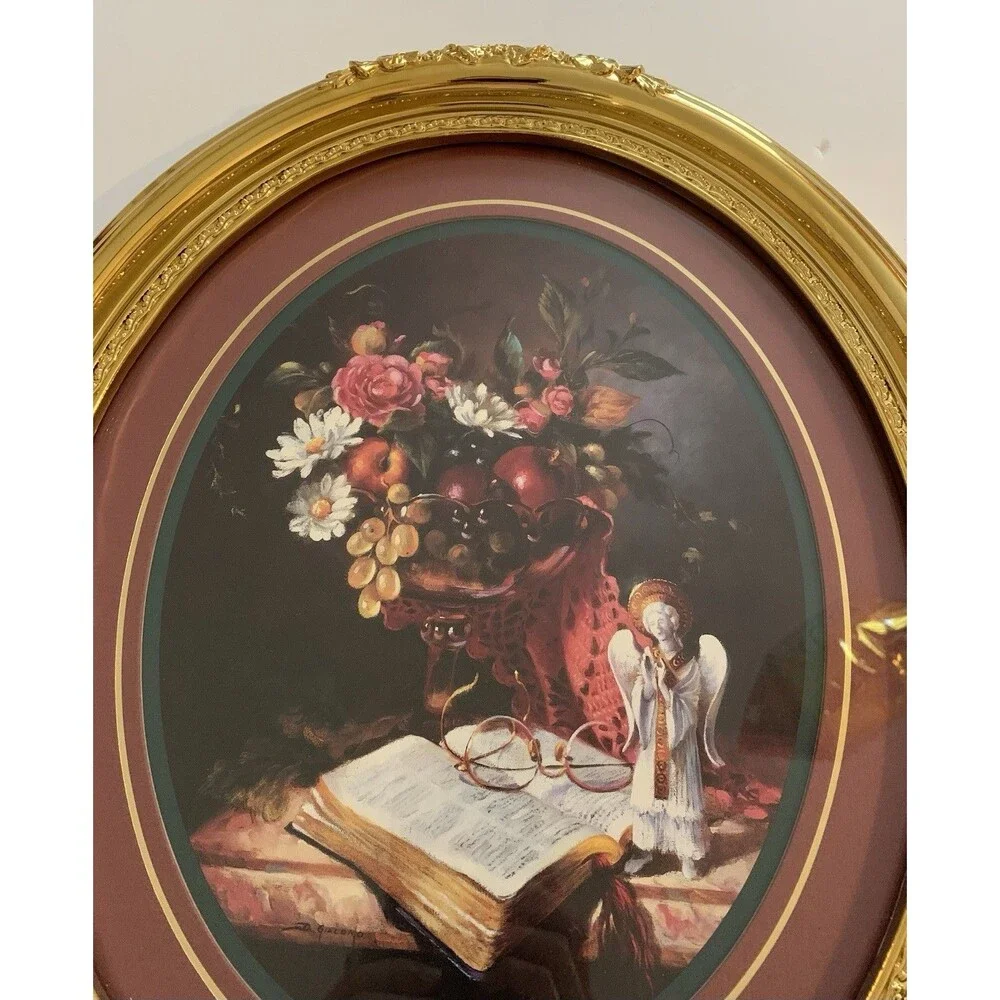 Vtg. Home Interiors Syroco style Floral Frame Bible Verse Angel Print Gold Frame